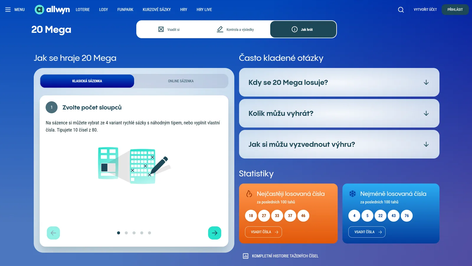 Oficiální přehled pravidel Allwyn 20 Mega, Turbo čísla a statistik