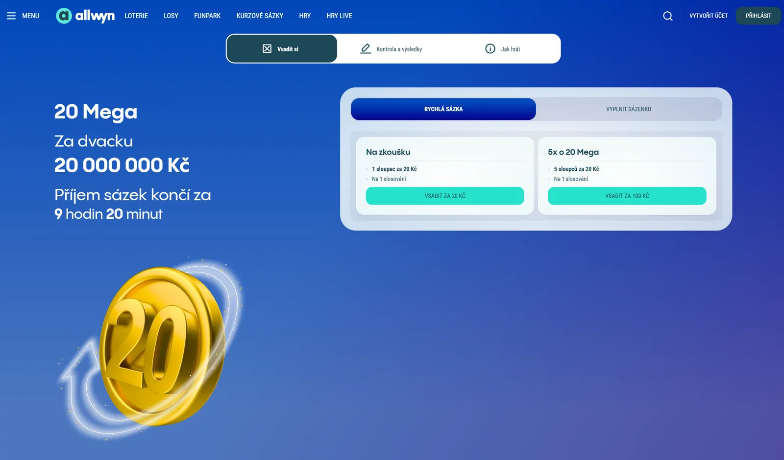 Oficiální stránka Allwyn 20 Mega s rychlou online sázkou za 20 a 100 Kč