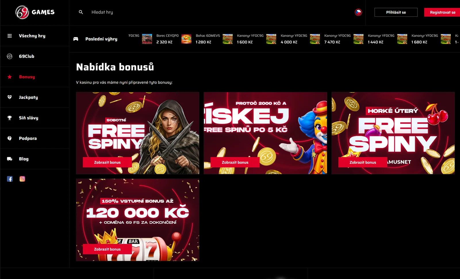 Nabídka bonusů 69Games Casino včetně vstupního bonusu až 120 000 Kč