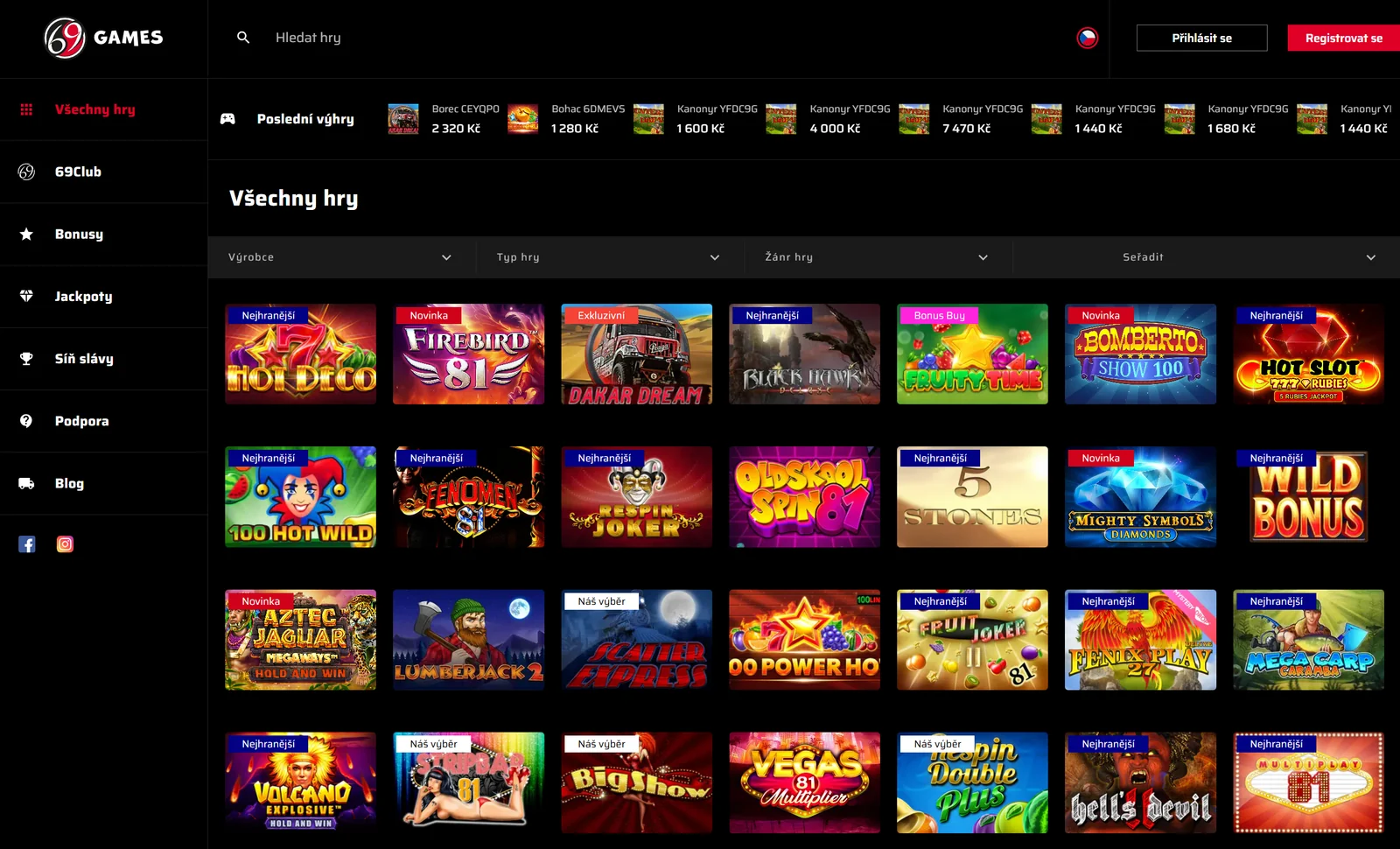 Katalog všech her 69Games Casino s filtry výrobce, typu, žánru a řazení
