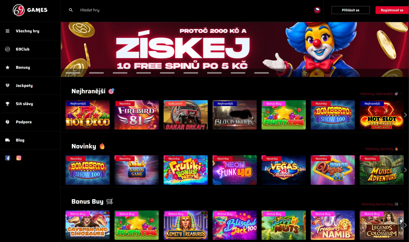 Hlavní lobby 69Games Casino s nejhranějšími hrami, novinkami a Bonus Buy