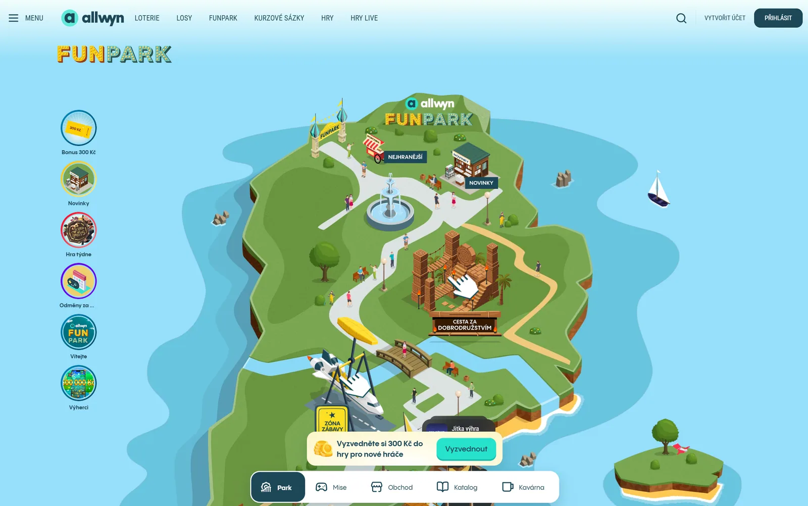 Oficiální mapa Allwyn FunParku s atrakcemi, sekcemi a spodním menu
