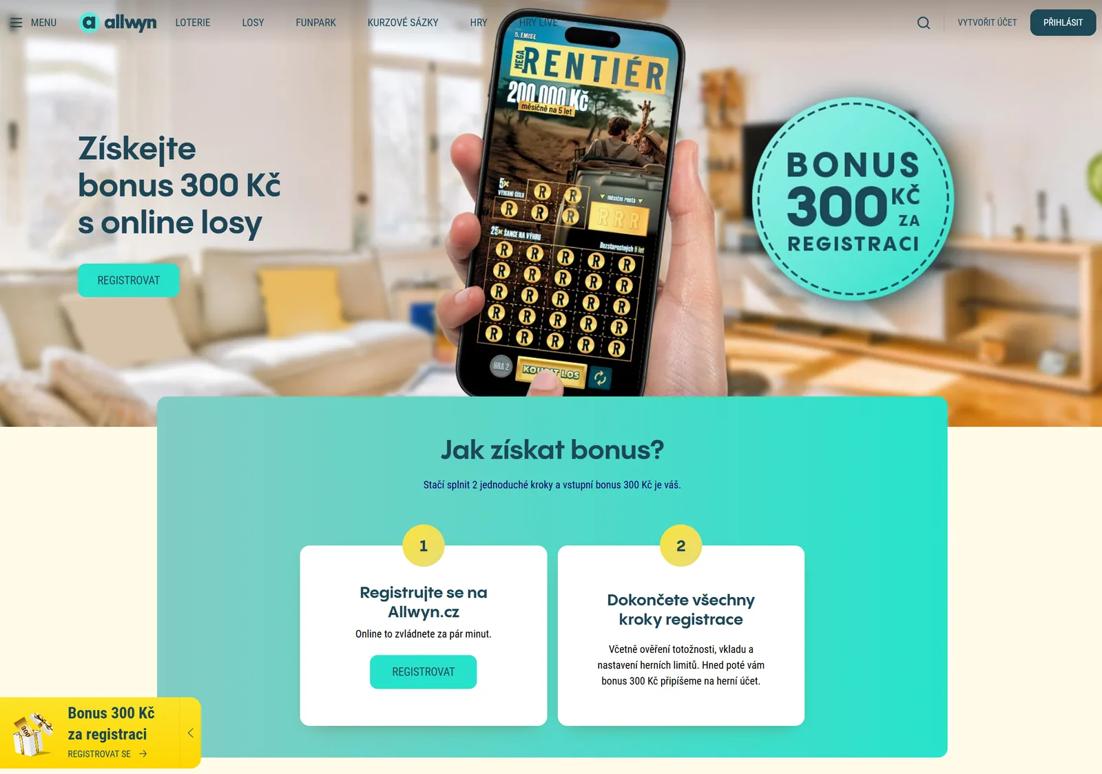 Oficiální nabídka Allwyn s bonusem 300 Kč pro online losy