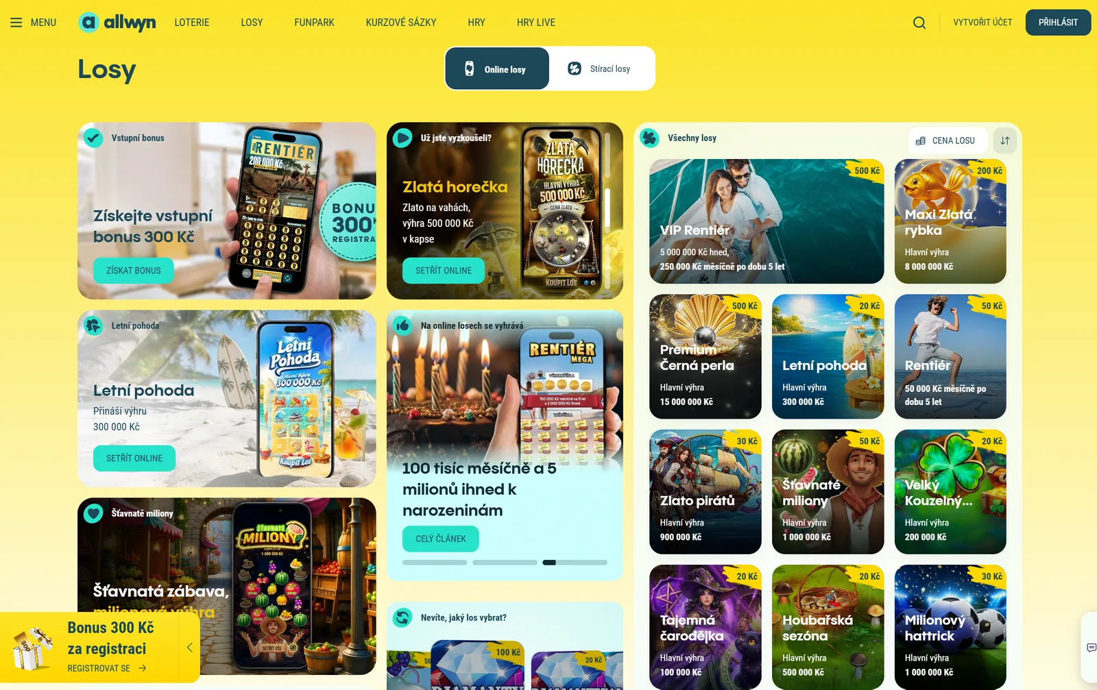 Katalog online losů Allwyn s cenami a hlavními výhrami
