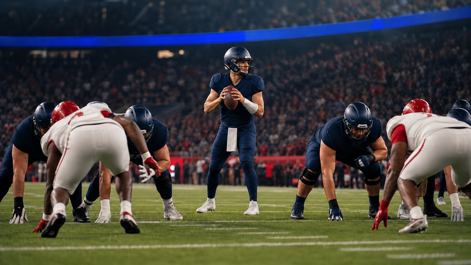 Quarterback čte obranu před rozehrávkou v zápase amerického fotbalu