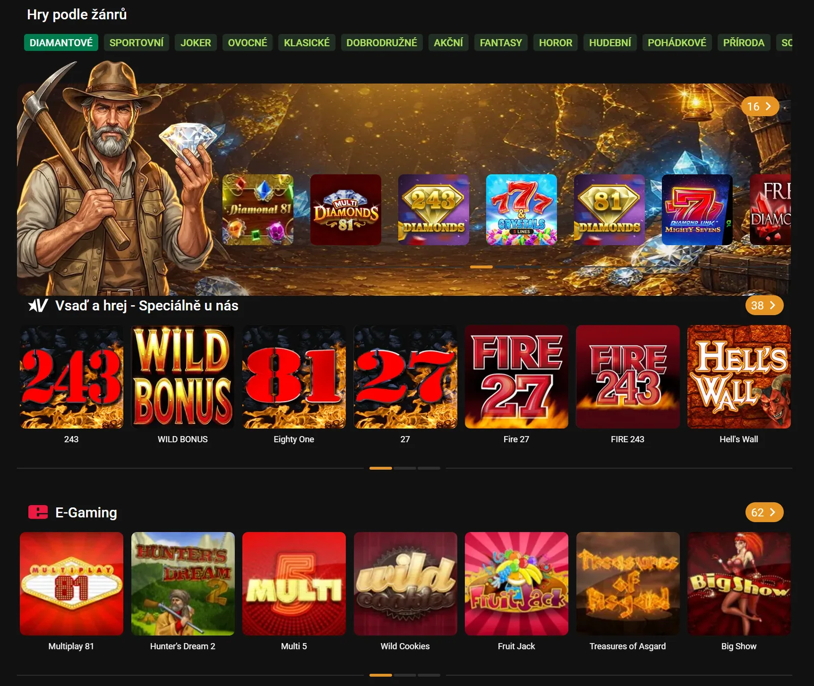 Kolekce her podle žánrů a poskytovatelů v Chance Vegas