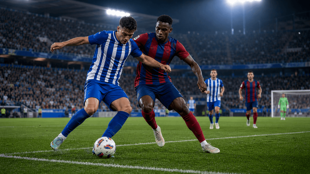 Fotbalisté v modrobílém a červenomodrém dresu bojují o míč při večerním zápase Alavés - Barcelona