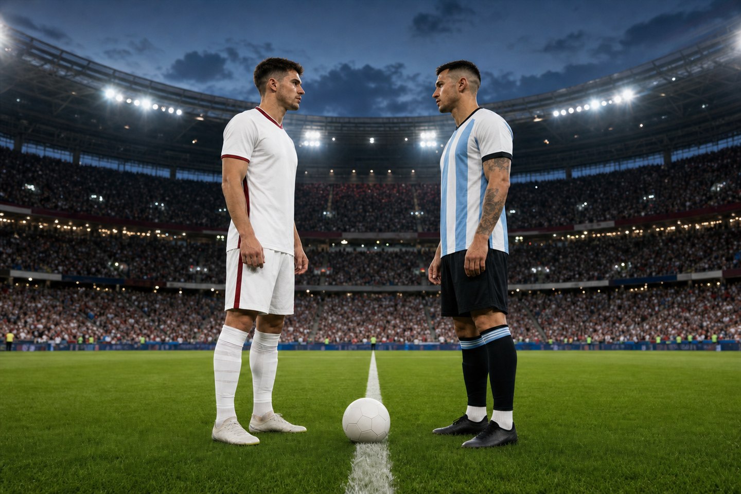 Anonymní fotbalisté v barvách Anglie a Argentiny před semifinále MS 2026