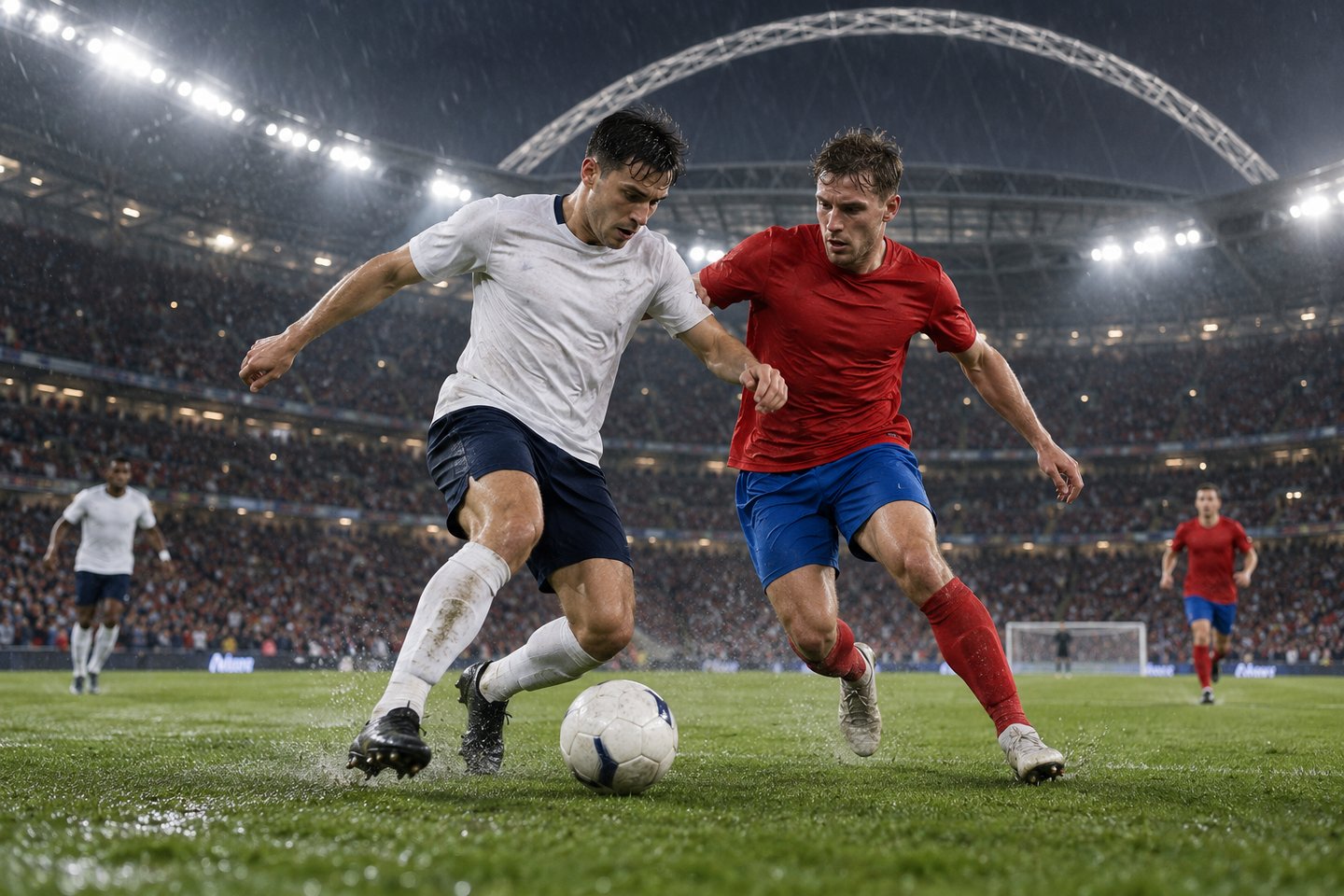 AI ilustrace fiktivních dospělých fotbalistů v bílém a červeném dresu při souboji o míč na večerním stadionu