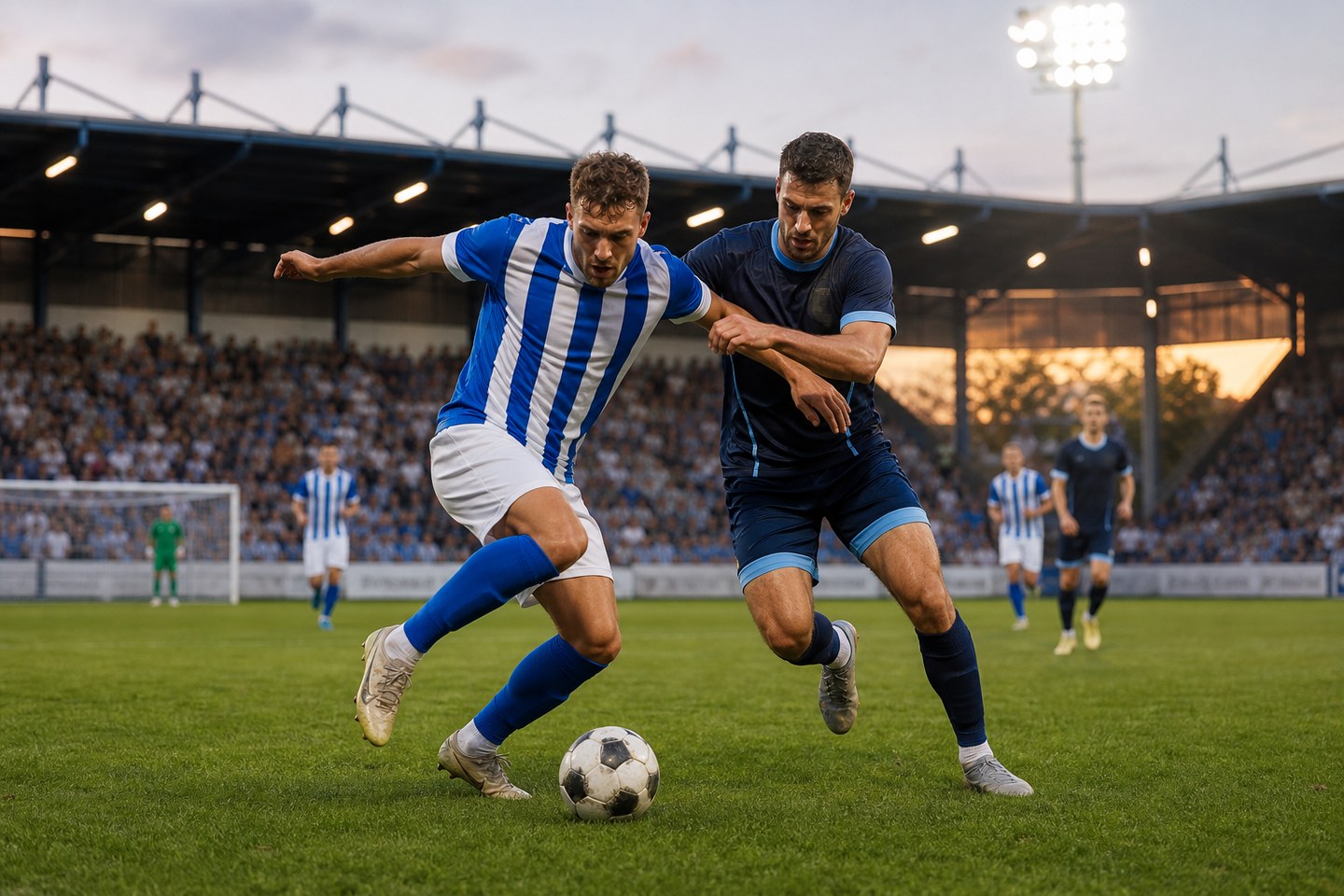Fotbalisté v modrobílém a tmavě modrém dresu bojují o míč na zaplněném stadionu