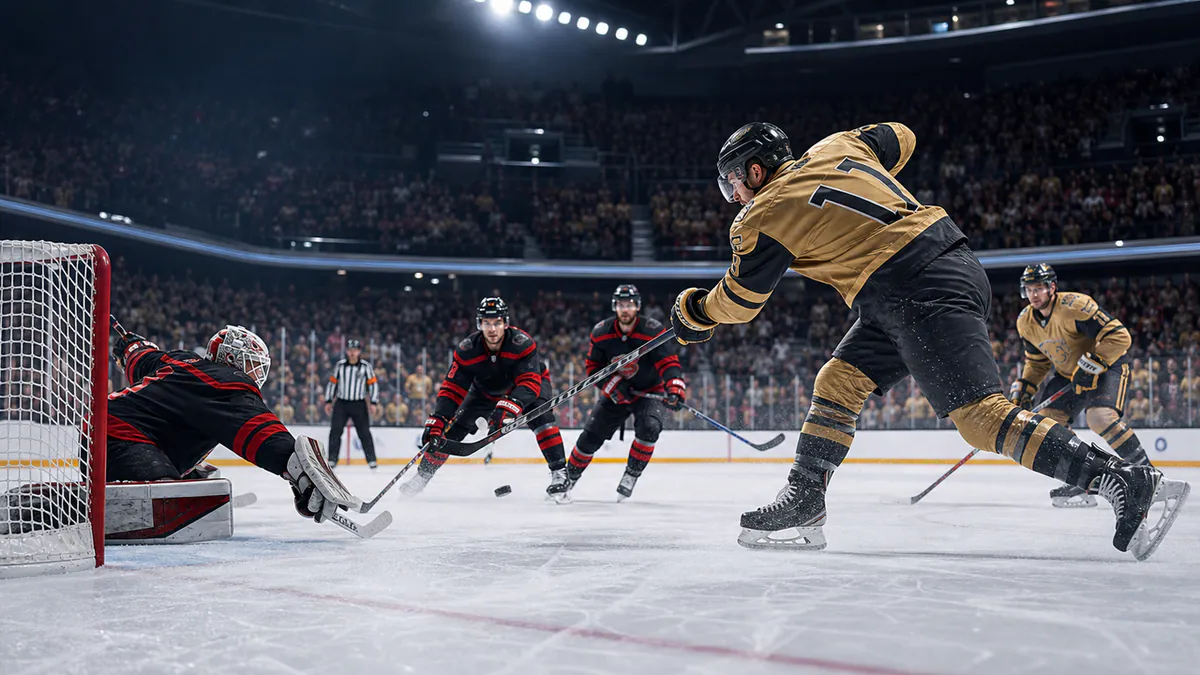 Carolina - Vegas Game 2 finále Stanley Cupu 2026, hokejista Vegas střílí ze slotu