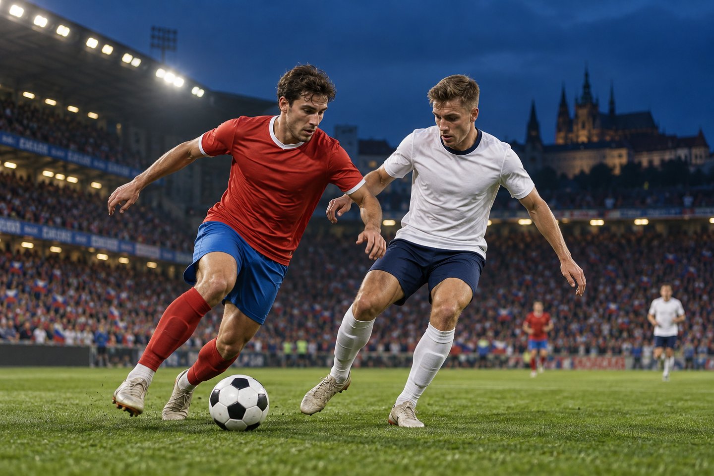 AI ilustrace souboje fiktivních dospělých fotbalistů v červeném a bílém dresu na večerním stadionu