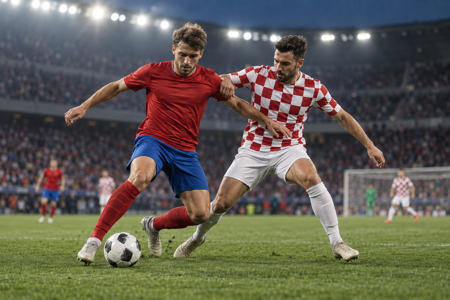 Ilustrační souboj dospělých fotbalistů v červeném a červenobíle kostkovaném dresu o míč