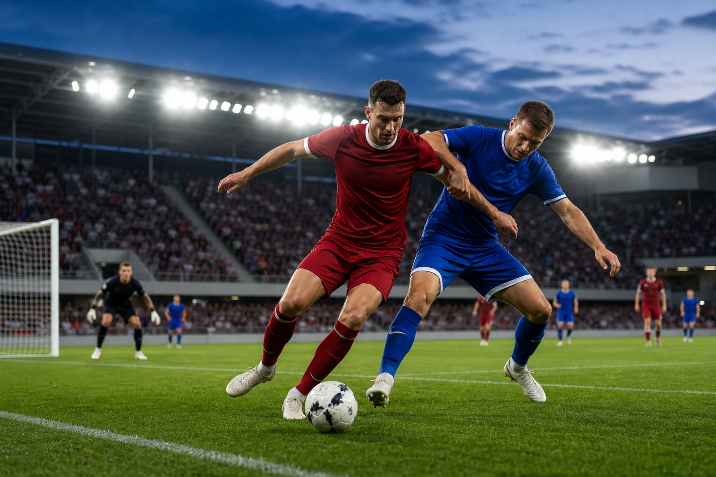 Dva fotbalisté v červeném a modrém dresu bojují o míč pod světly zaplněného stadionu