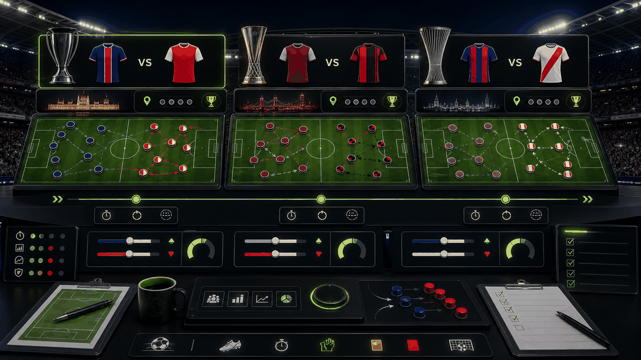 Analytická grafika finále evropských pohárů 2026 PSG Arsenal Aston Villa Freiburg Crystal Palace Rayo