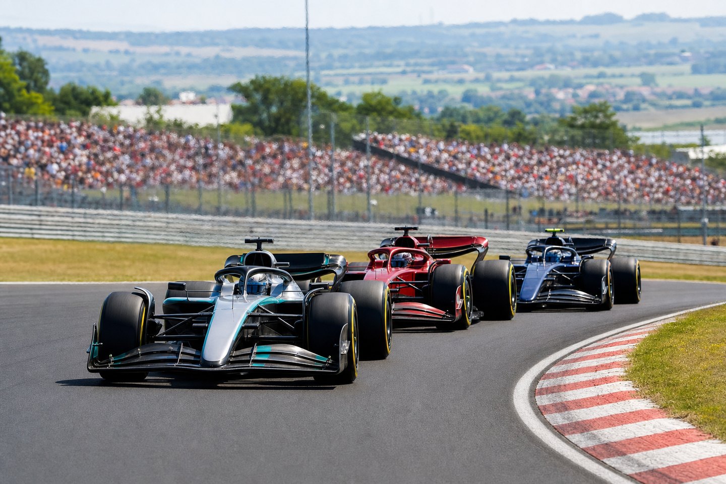 Tři monoposty projíždějí zatáčkou na závodním okruhu připomínajícím Hungaroring