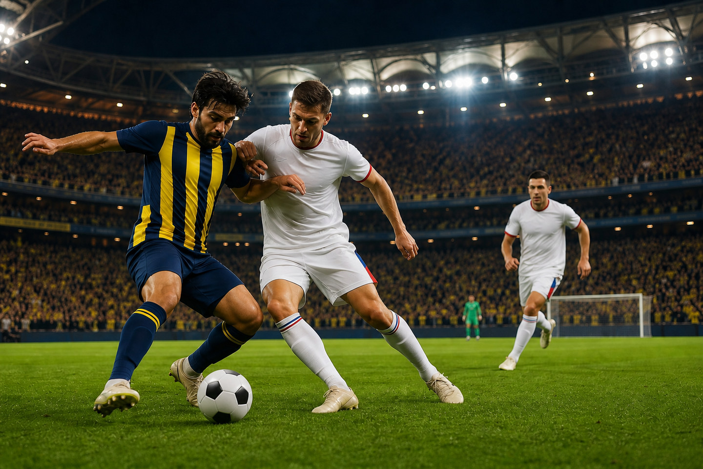 Fiktivní fotbalisté v modrožlutém a bílém dresu bojují o míč na večerním stadionu