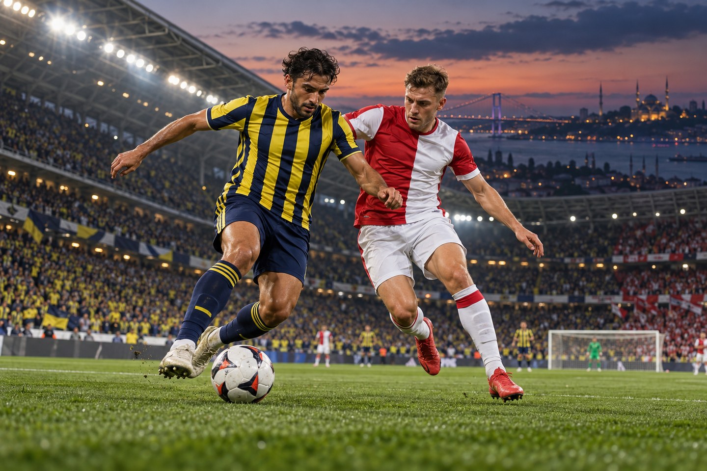 AI ilustrace fiktivních dospělých fotbalistů ve žlutomodrém a červenobílém dresu při souboji o míč v Istanbulu