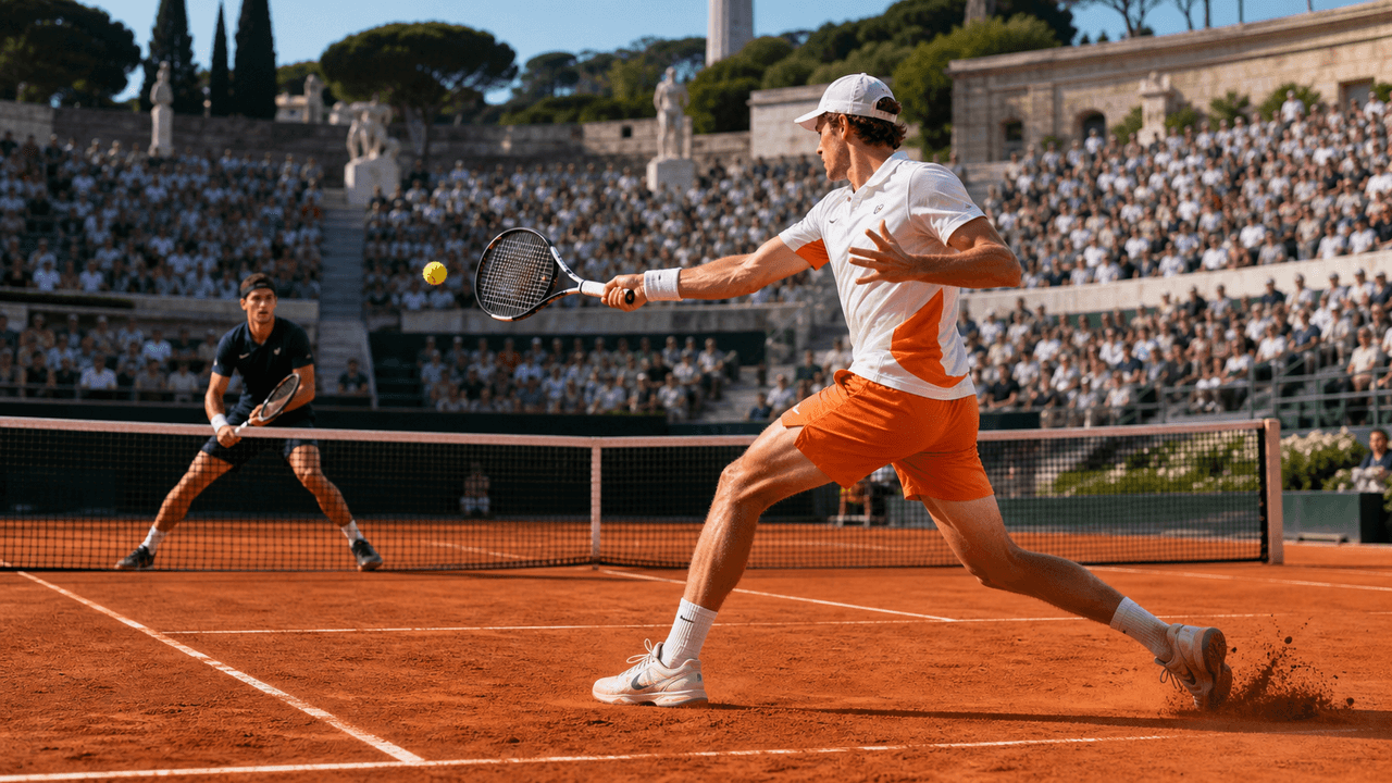 Tenisté na antukovém kurtu ve stylu Foro Italico během Italian Open v Římě