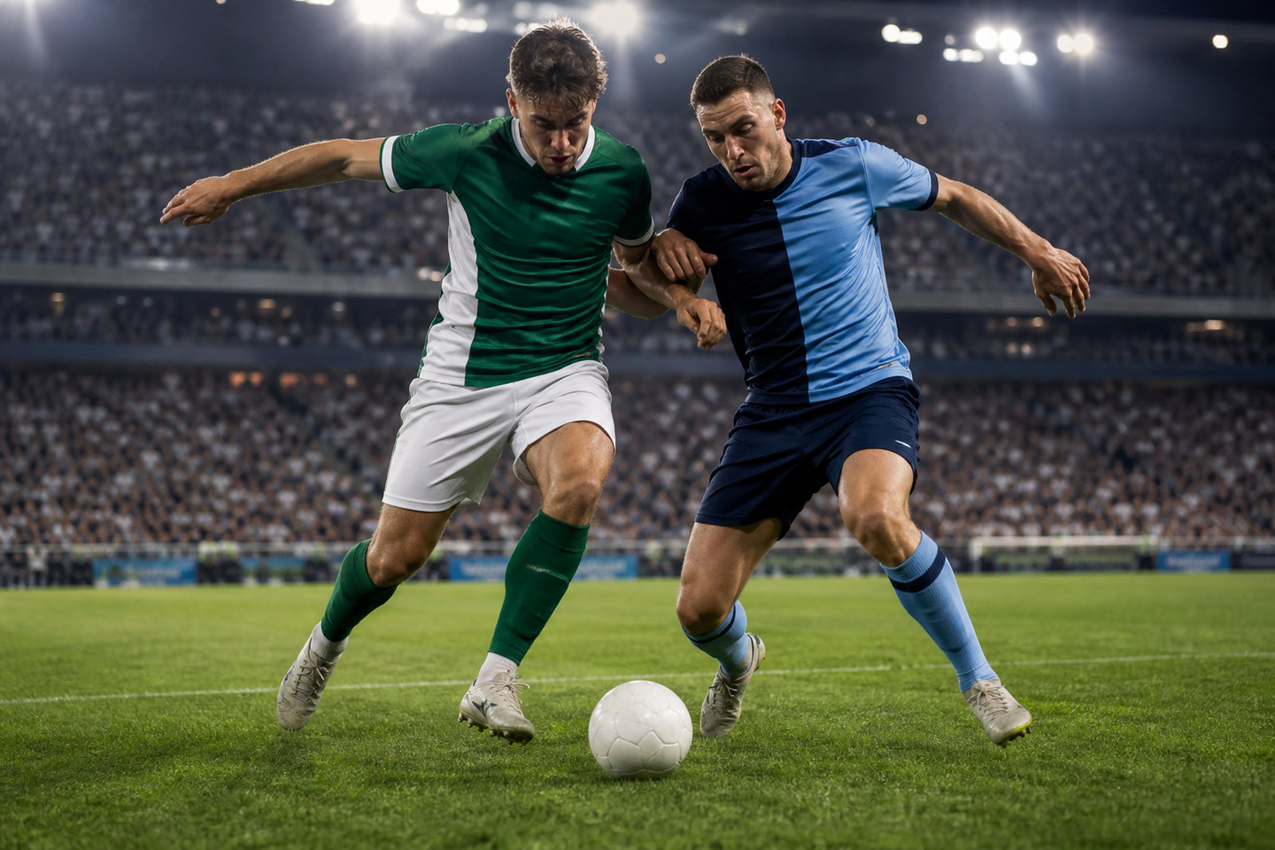 Dva fiktivní fotbalisté v zelenobílém a modrém dresu bojují o míč na večerním stadionu