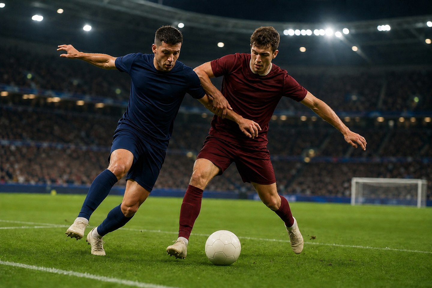 Dva fiktivní fotbalisté v modrém a rudém dresu bojují o míč na večerním stadionu