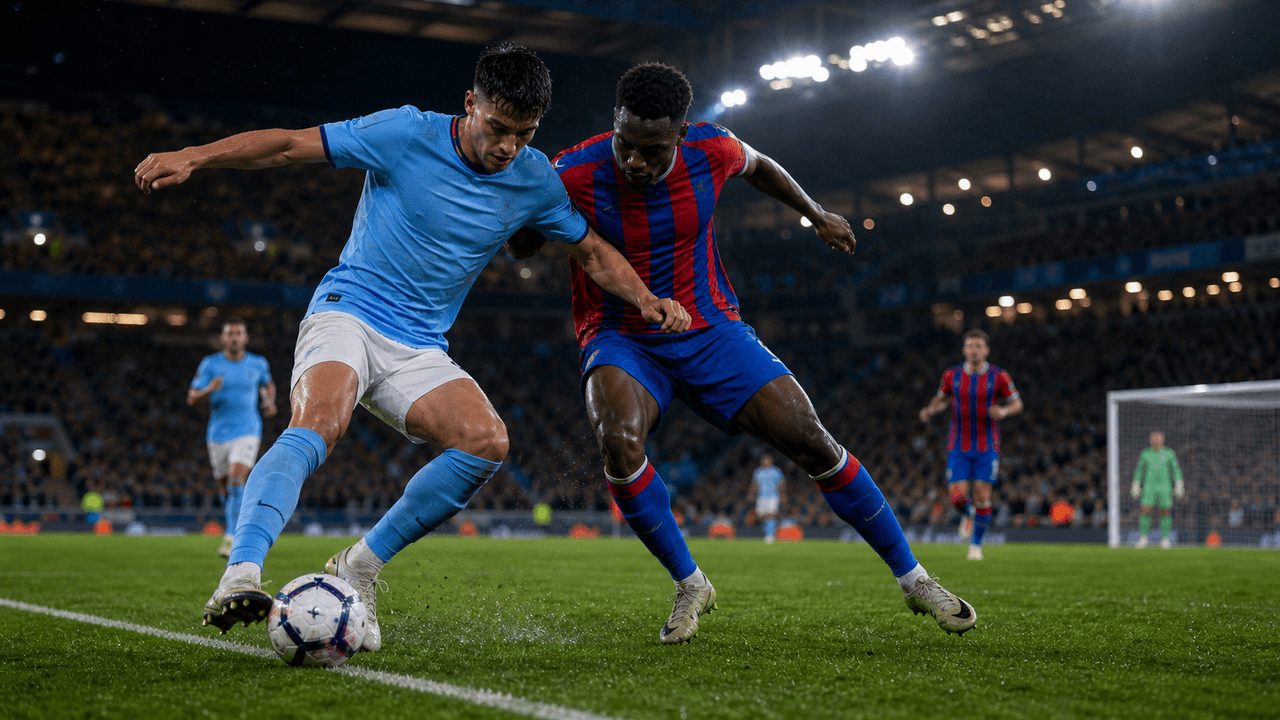 Fotbalový zápas Manchester City - Crystal Palace pod světly stadionu v Premier League