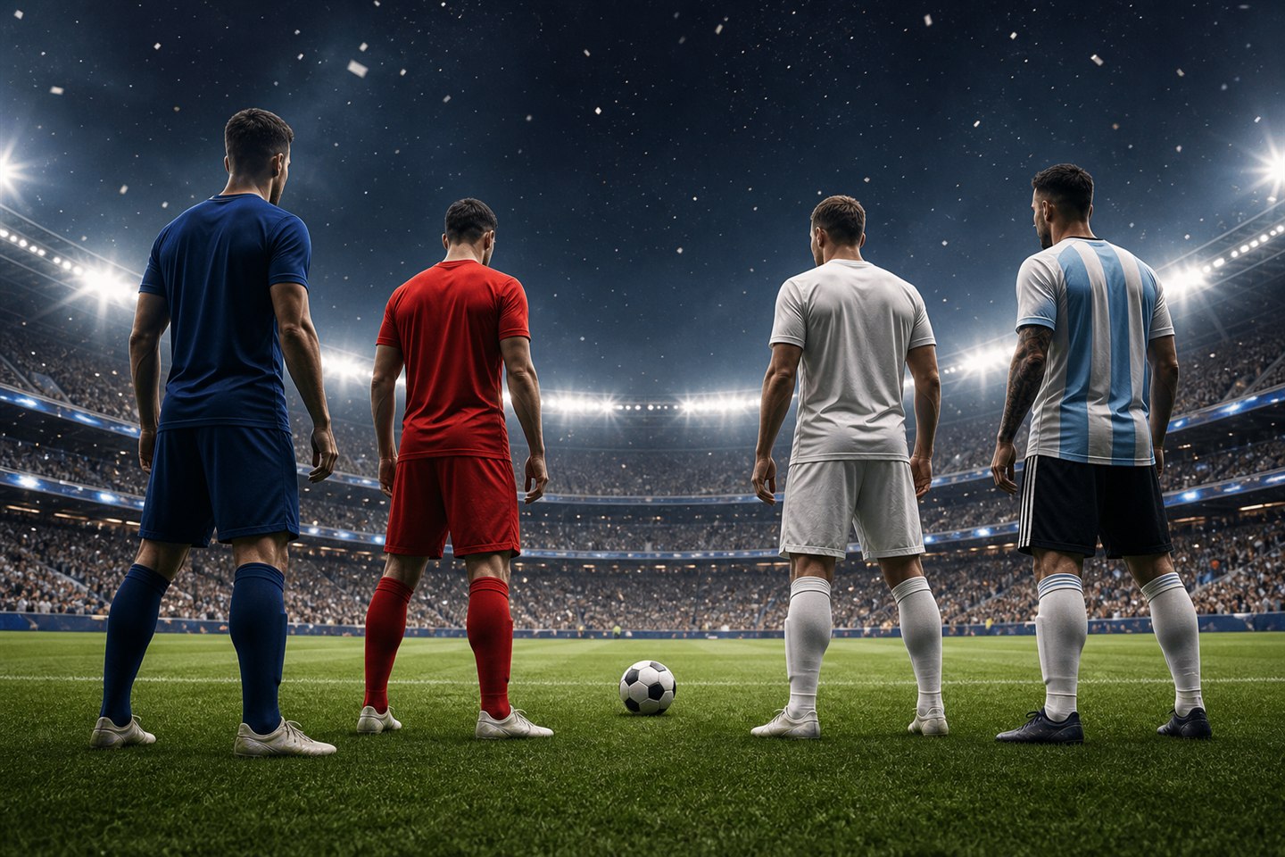 Čtyři fotbalisté symbolizující semifinalisty MS 2026