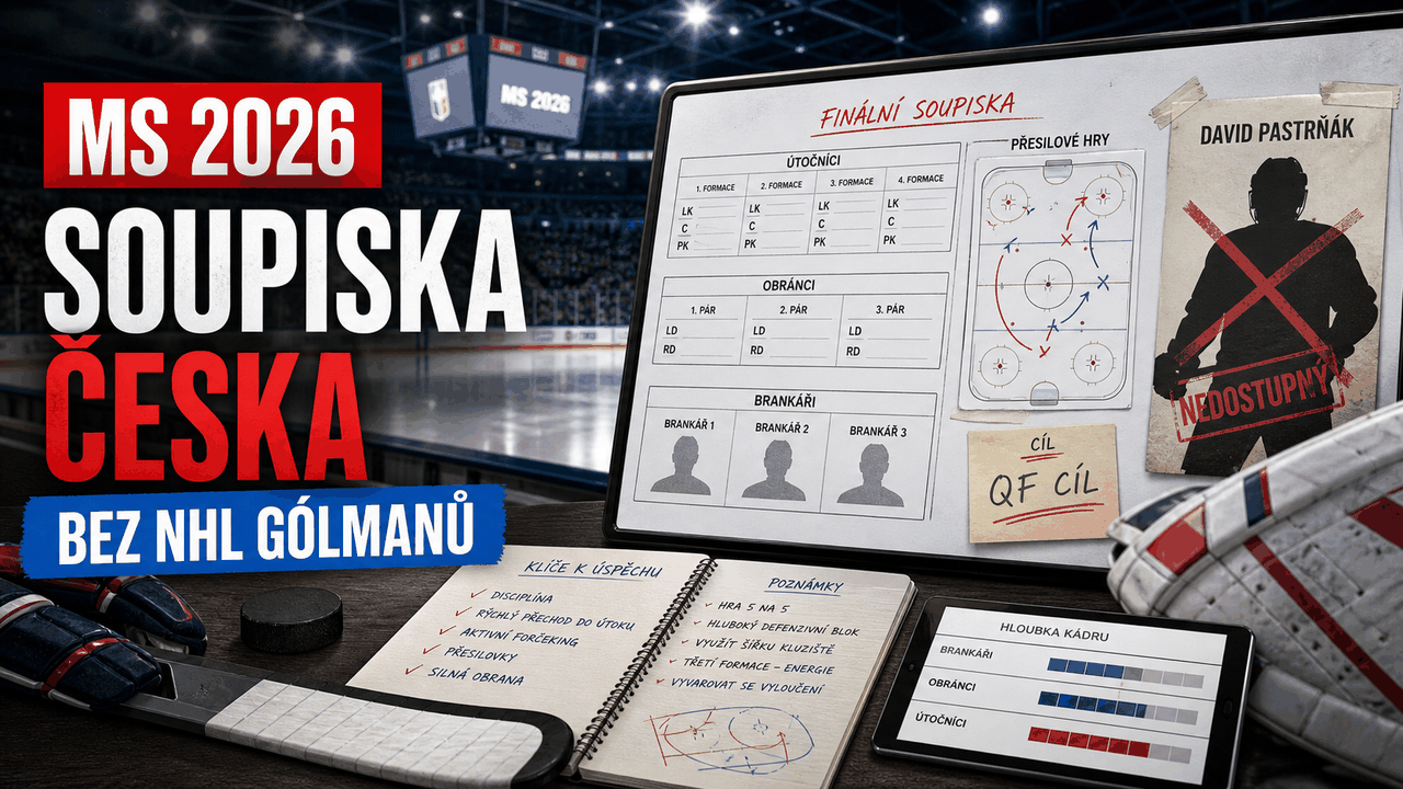 Analytická grafika k finální nominaci Česka na MS v hokeji 2026 bez Pastrňáka a brankářů z NHL