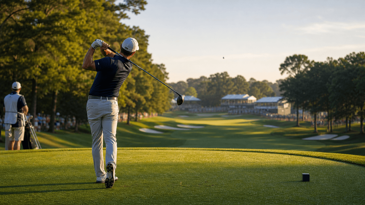 Golfista na odpališti při PGA Championship 2026 na hřišti s bunkery a diváky