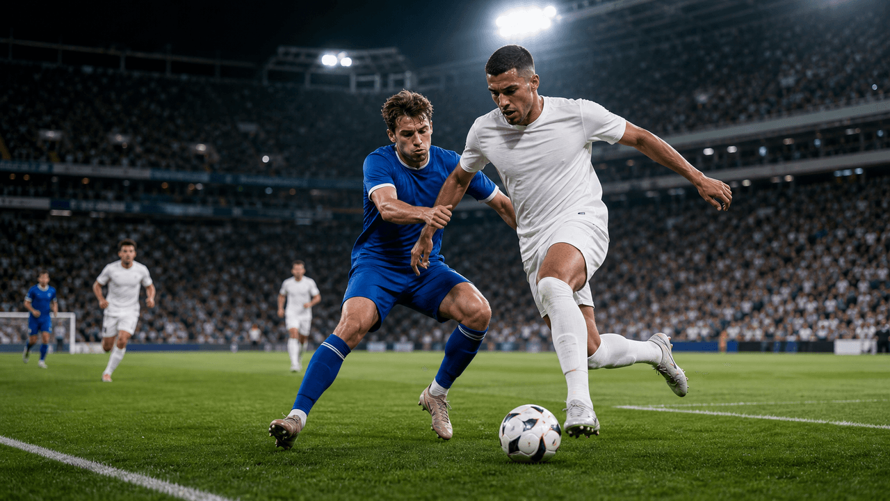 Fotbalista v bílém dresu uniká obránci v modrém při večerním zápase Real Madrid - Oviedo na velkém stadionu