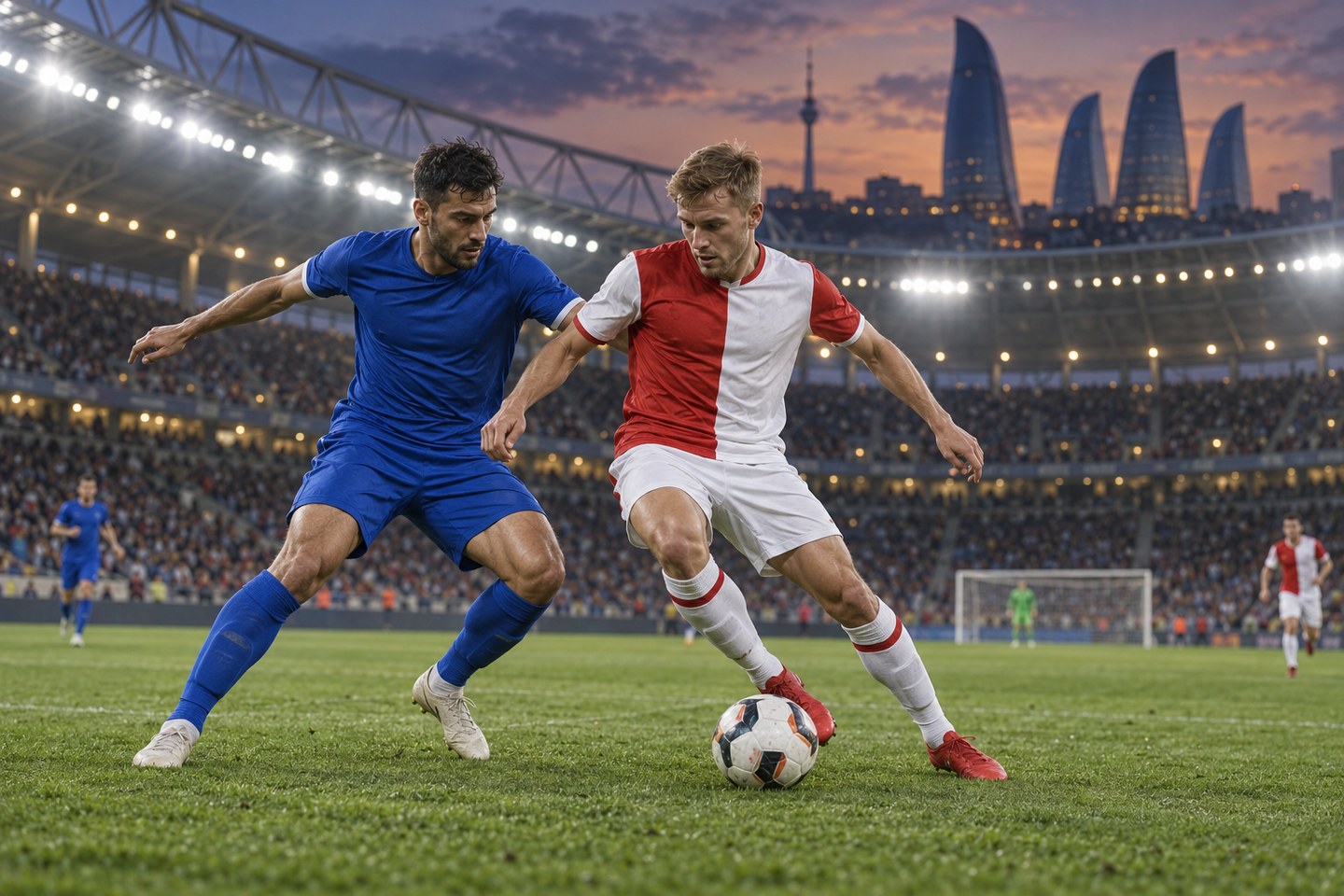 AI ilustrace fiktivních dospělých fotbalistů v modrém a červenobílém dresu při souboji o míč v Baku
