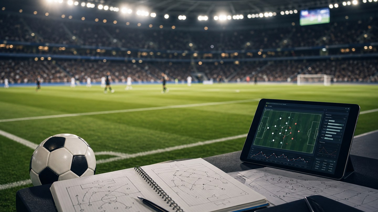 Sázky na fotbal, stadion, míč, taktické poznámky a analytický tablet
