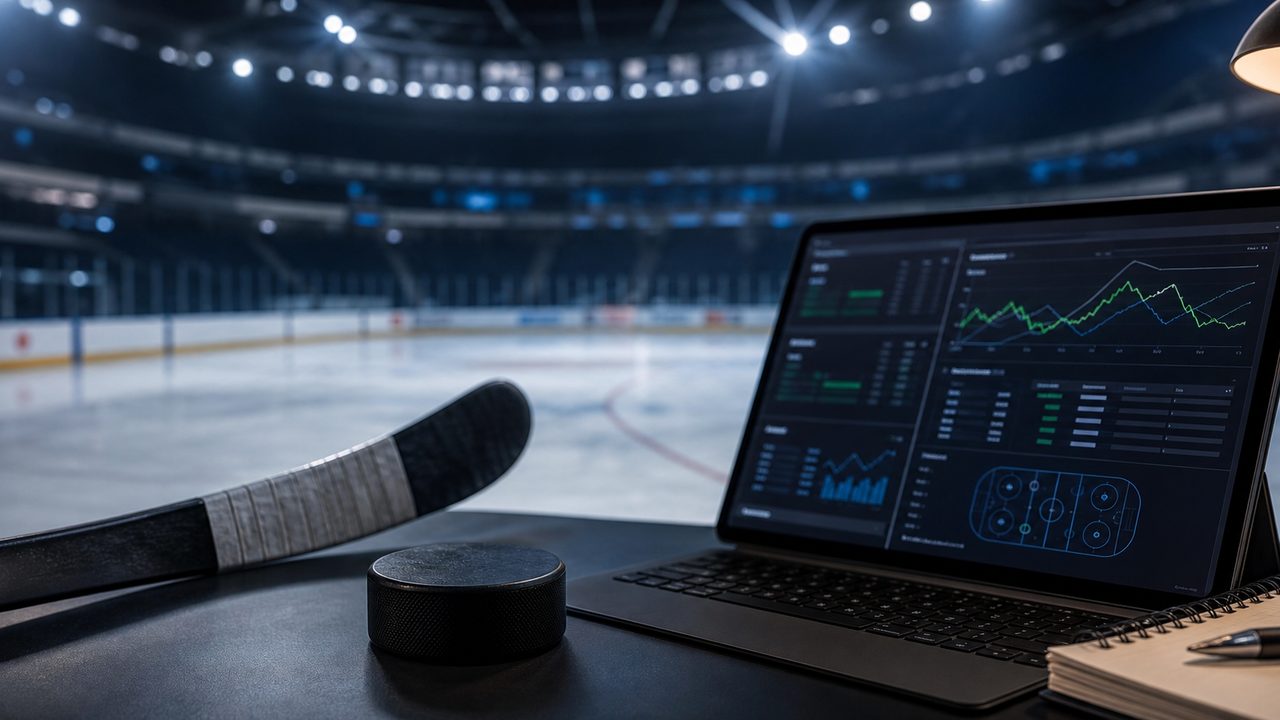 Sázky na hokej, puk, hokejka a analytický dashboard kurzů