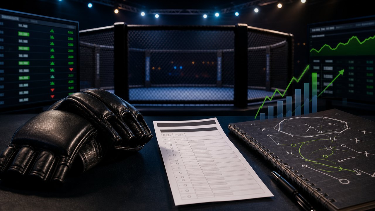 MMA rukavice, oktagonová klec, sázkový tiket a analýza kurzů