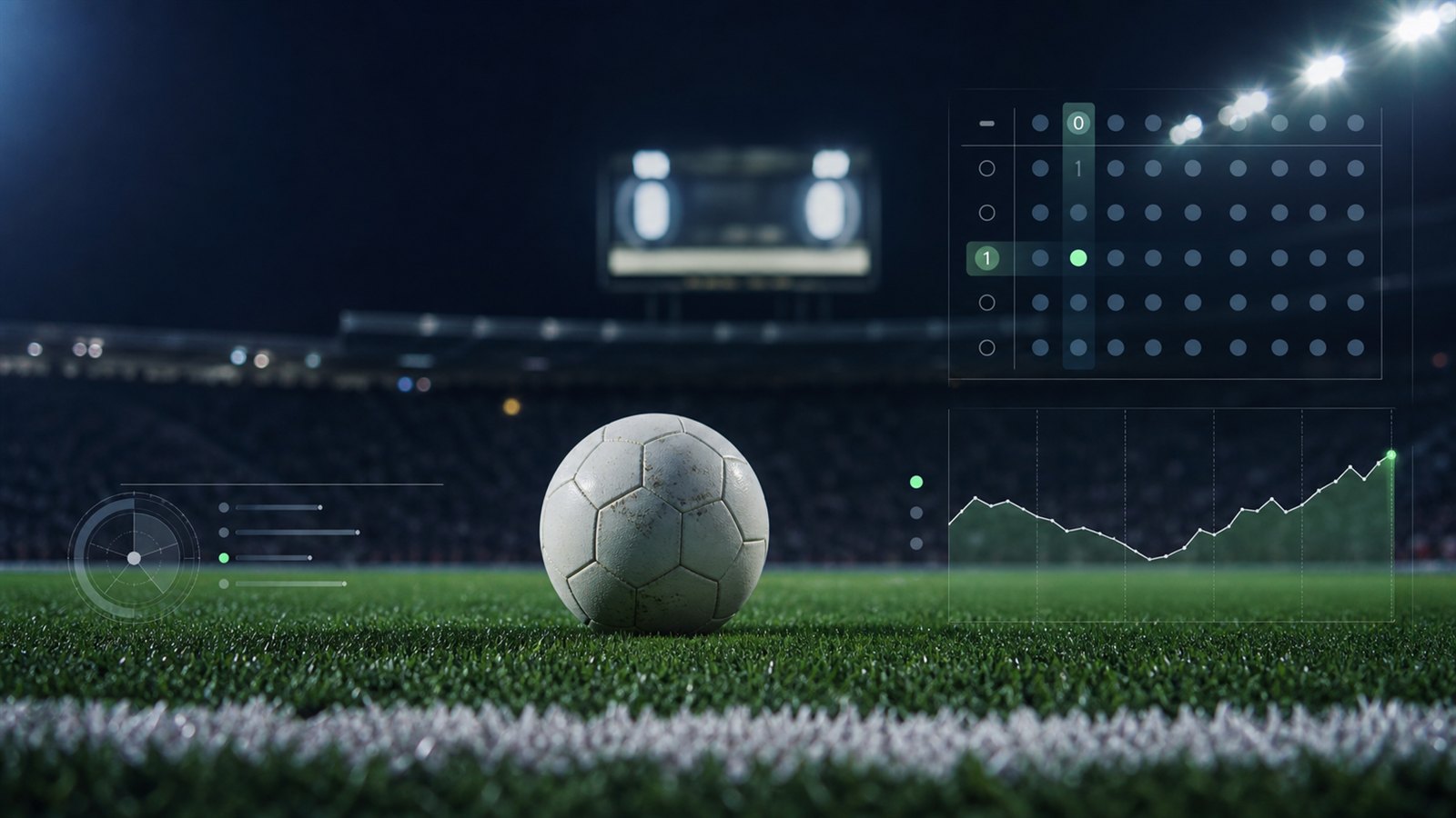 Fotbalový míč, stadion a analytické rozhraní pro sázky na přesný výsledek