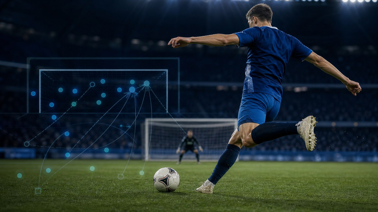 Fotbalista se chystá vystřelit na branku, přes hřiště je zobrazená mapa střel