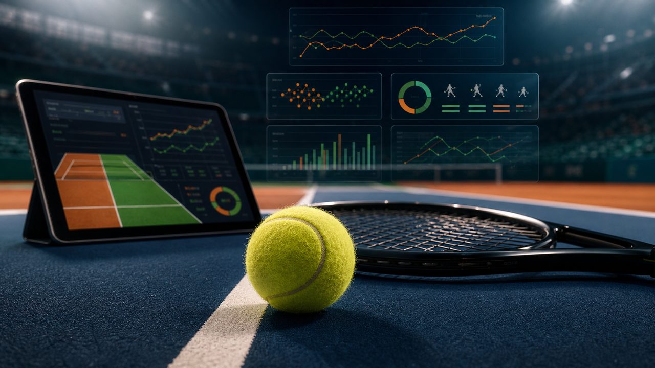Sázky na tenis, tenisový míček, raketa a analytické grafy live kurzů