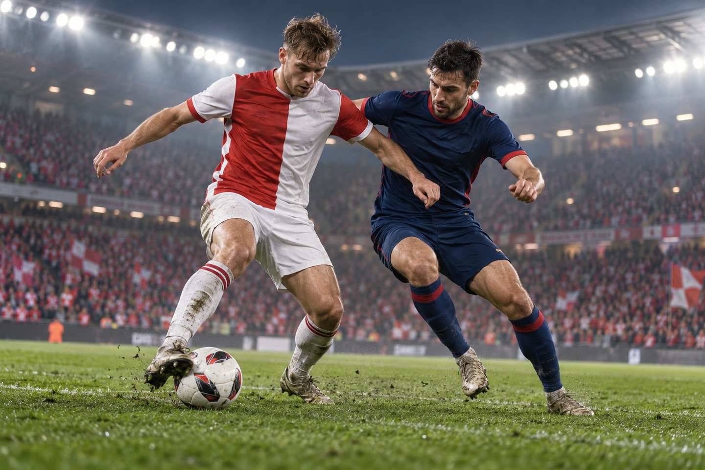 AI ilustrace dvou fiktivních dospělých fotbalistů v červenobílém a tmavomodrém dresu při souboji o míč