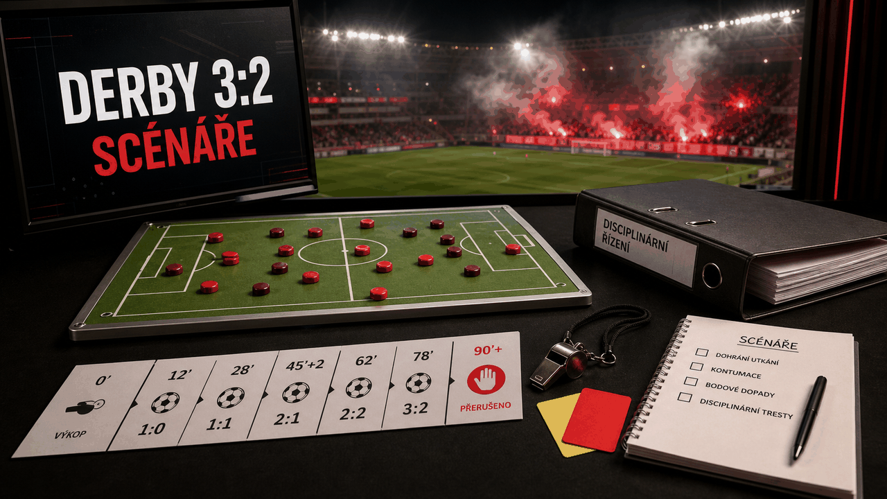 Analytická grafika k nedohranému derby Slavia - Sparta, titulovým scénářům, kontumaci a disciplinárnímu řízení