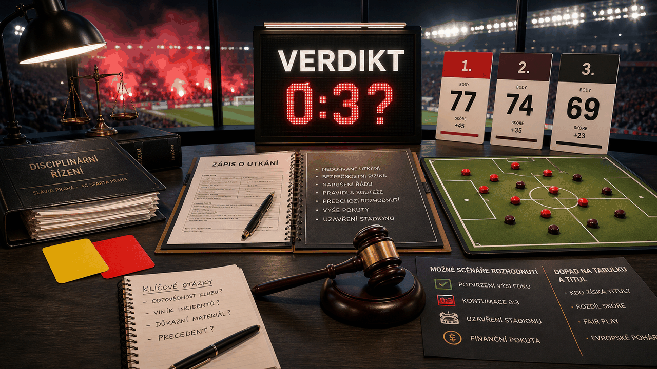 Analytická grafika k úternímu verdiktu disciplinární komise po derby Slavia - Sparta, kontumaci 0:3 a titulovým scénářům
