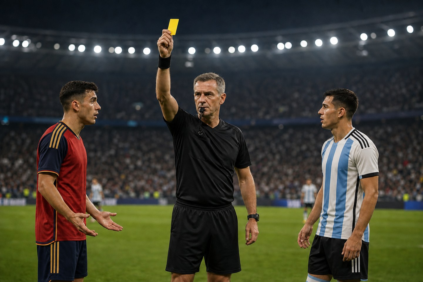 Rozhodčí zvedá žlutou kartu mezi hráči ve španělských a argentinských barvách
