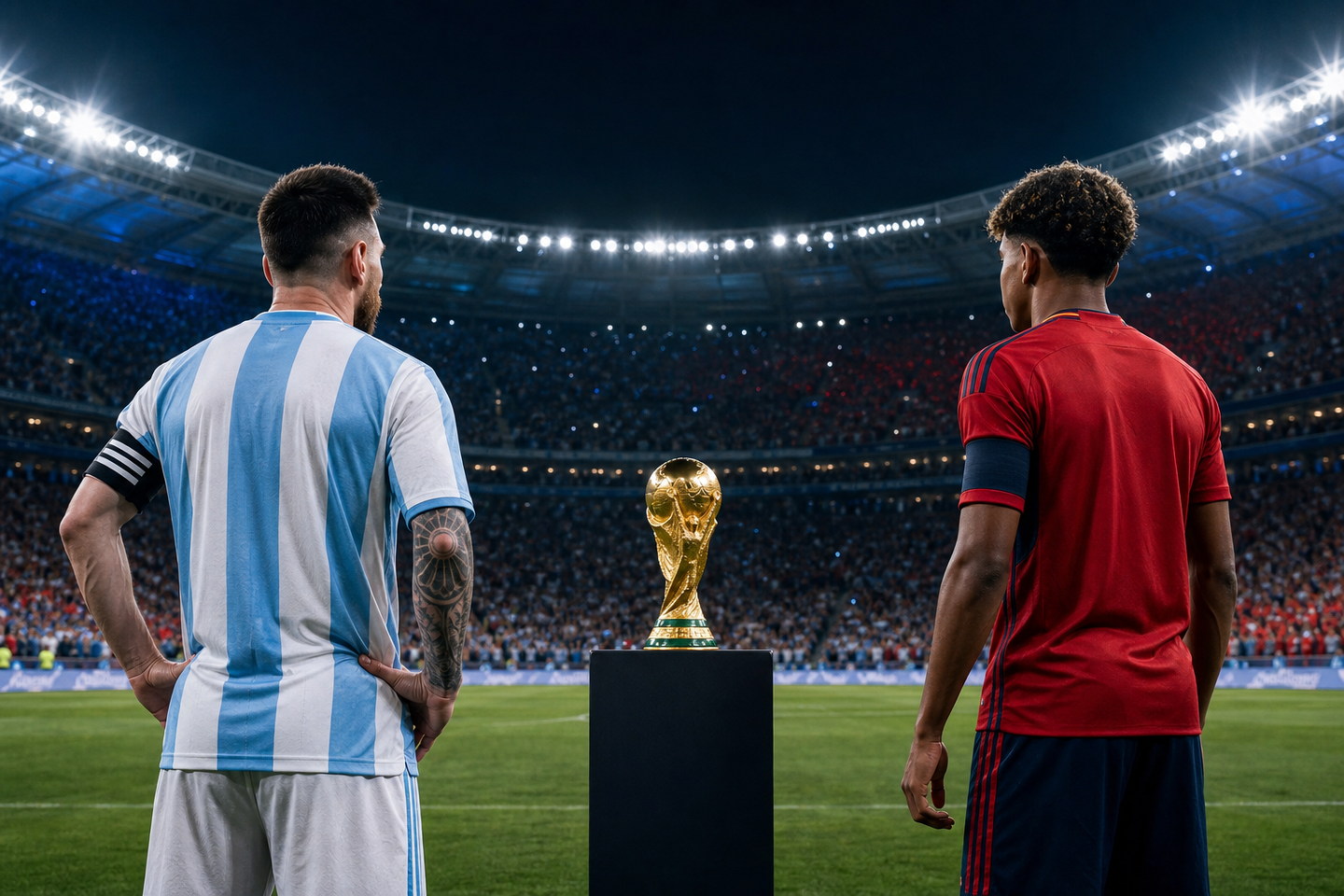 Fotbalisté v argentinských a španělských barvách stojí před trofejí pro mistra světa