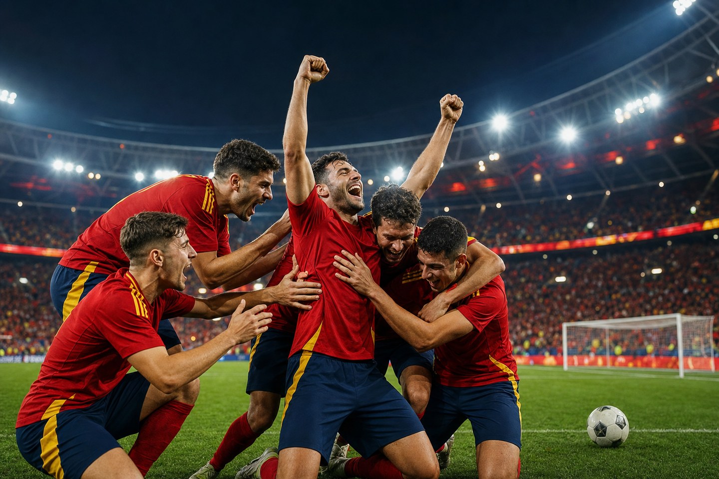 Fotbalisté v červených dresech slaví postup Španělska do finále MS 2026