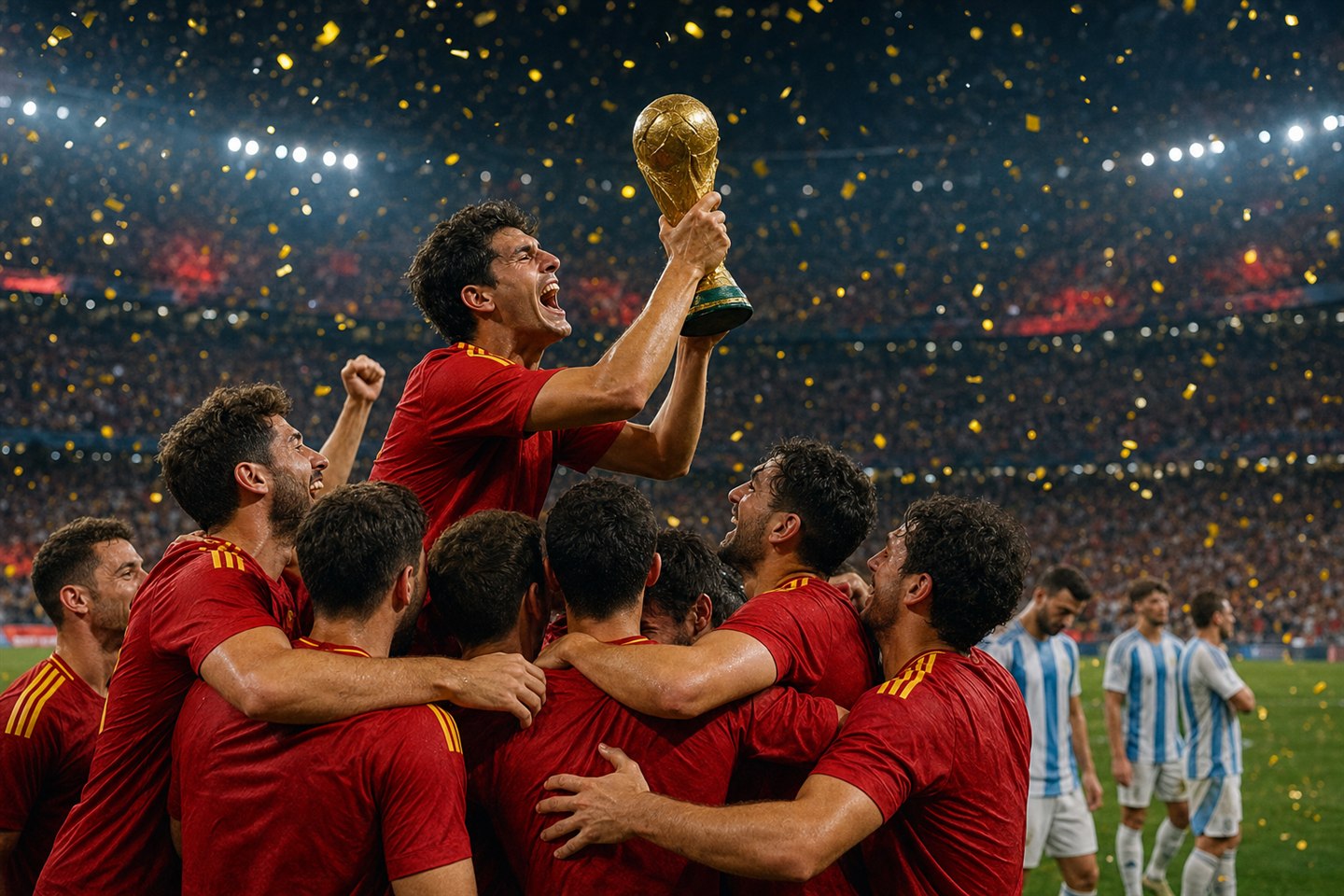 Španělští fotbalisté slaví titul mistrů světa v zaplněném nočním stadionu