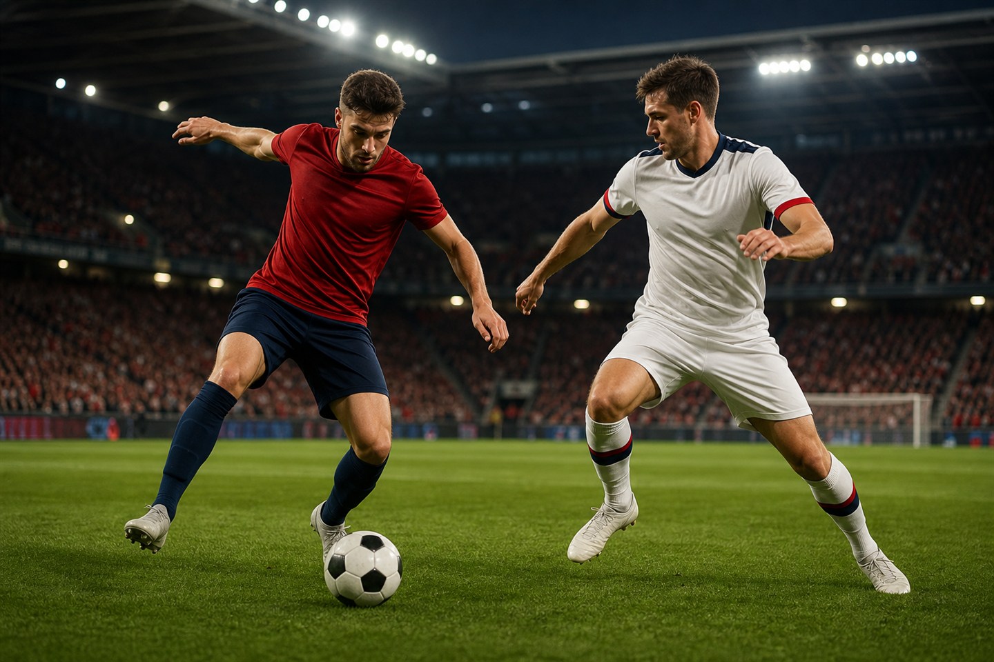 Dva fotbalisté v červeném a bílém dresu bojují o míč pod světly zaplněného stadionu