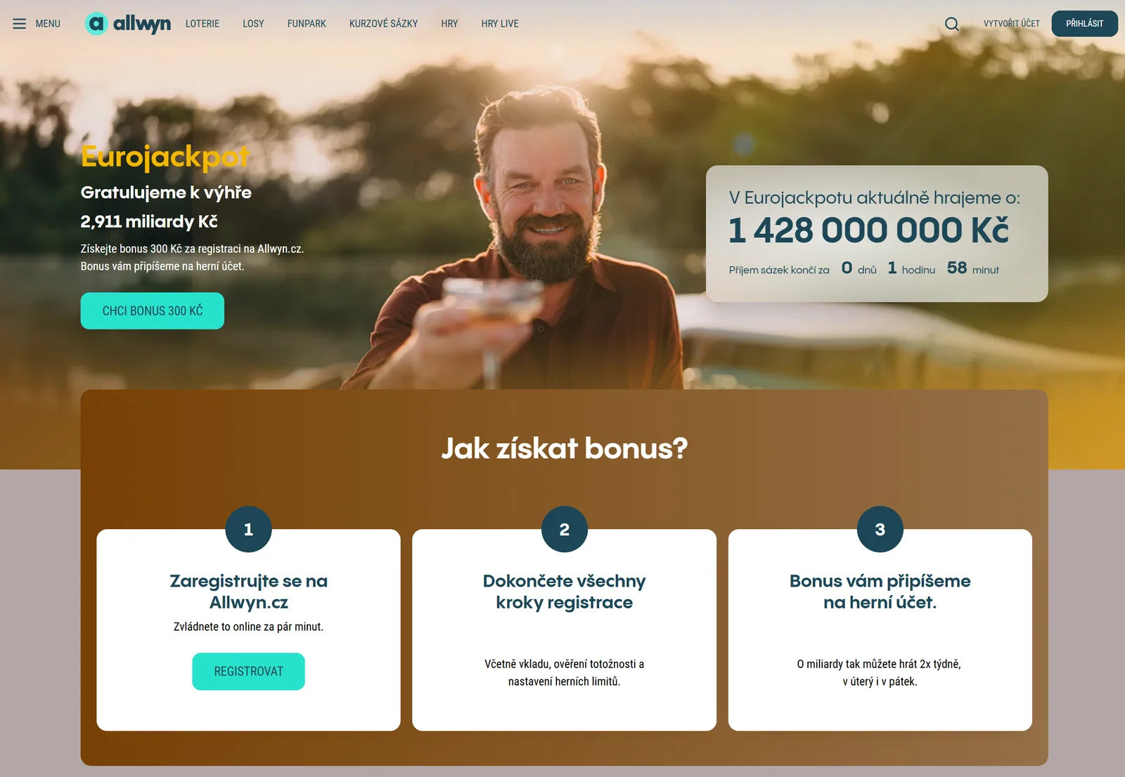 Oficiální registrační bonus Allwyn 300 Kč a Eurojackpot