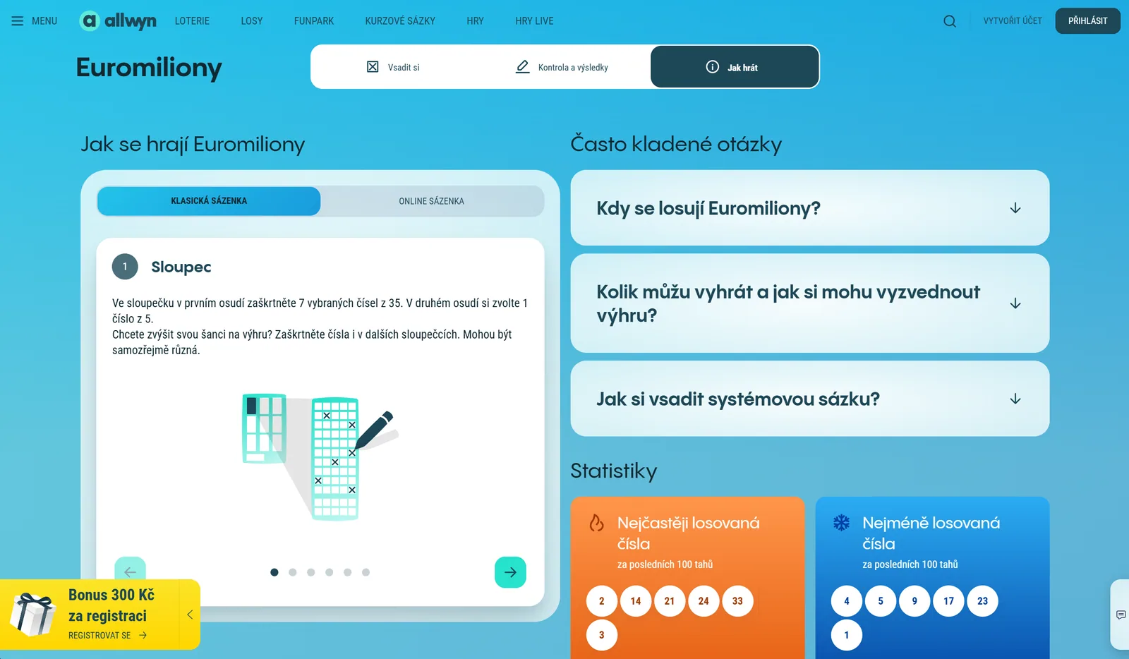 Pravidla Euromilionů, nápověda a statistiky na webu Allwyn