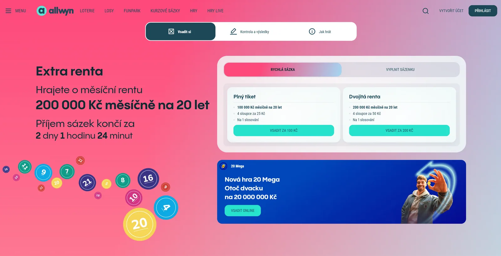 Oficiální online sázenka Extra Renty s variantou 100 000 nebo 200 000 Kč měsíčně