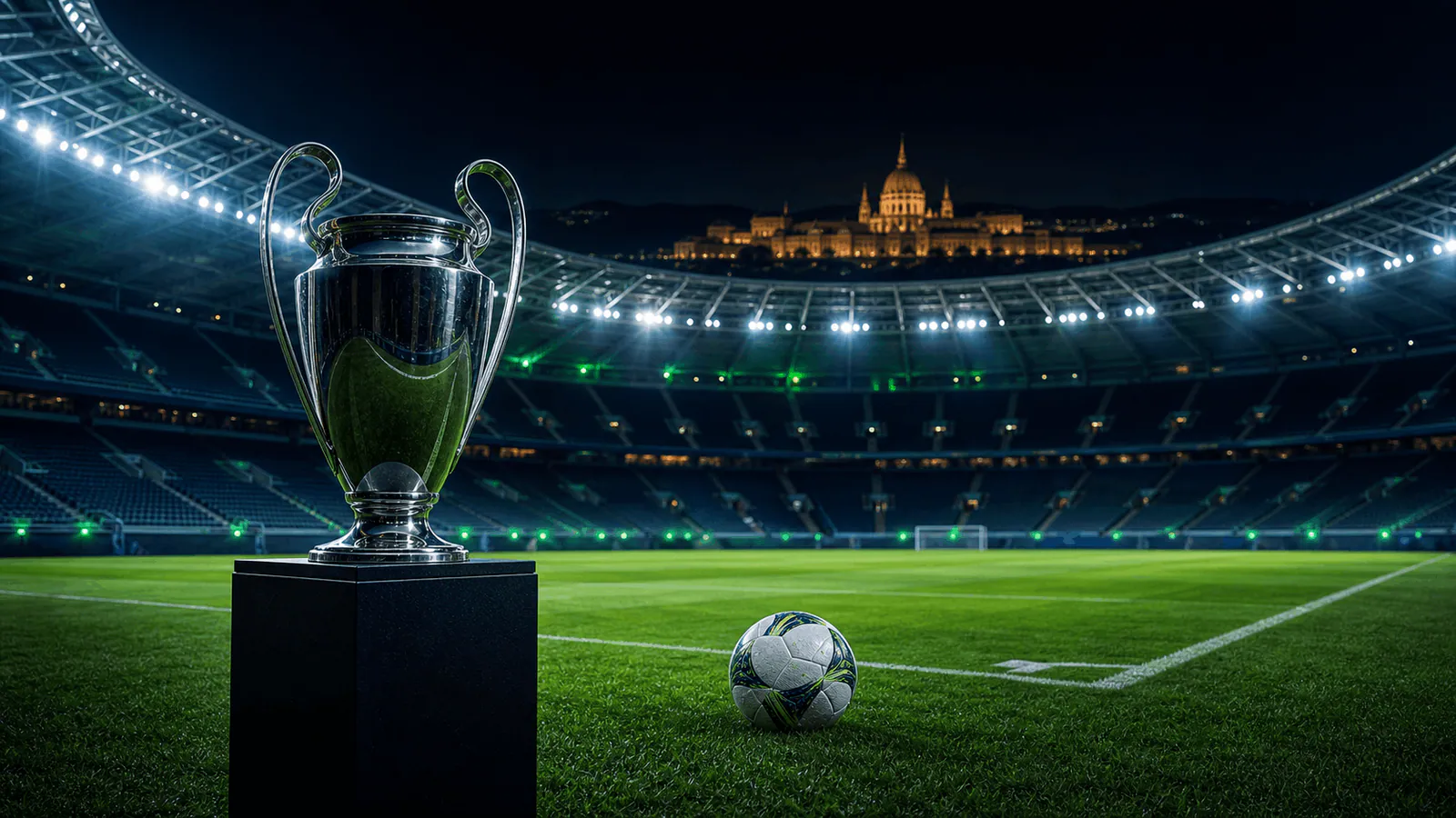 Fotbalový stadion v Budapešti a trofej před finále Ligy mistrů 2026