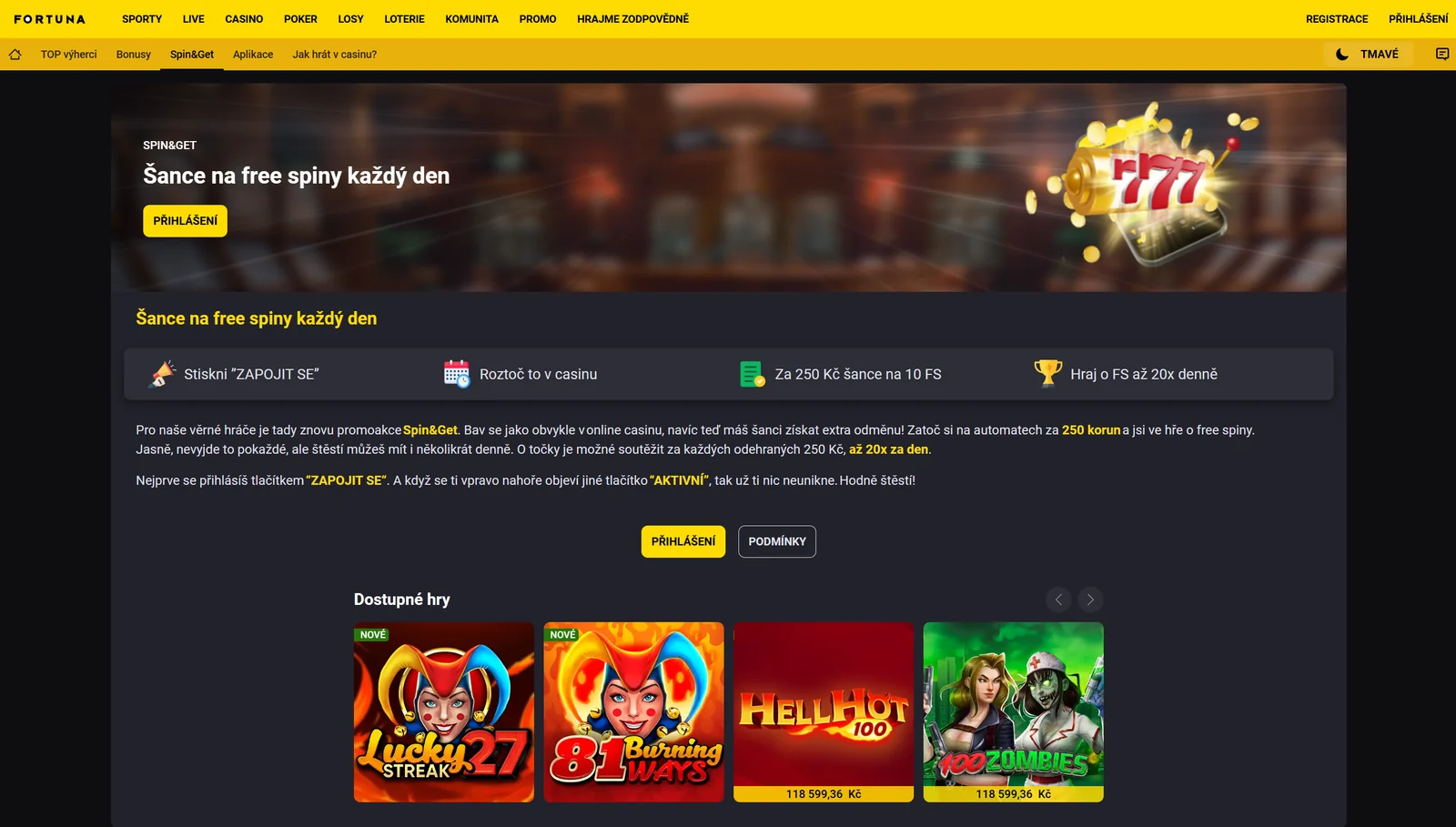 Fortuna Casino promoakce Spin and Get s možností získat free spiny